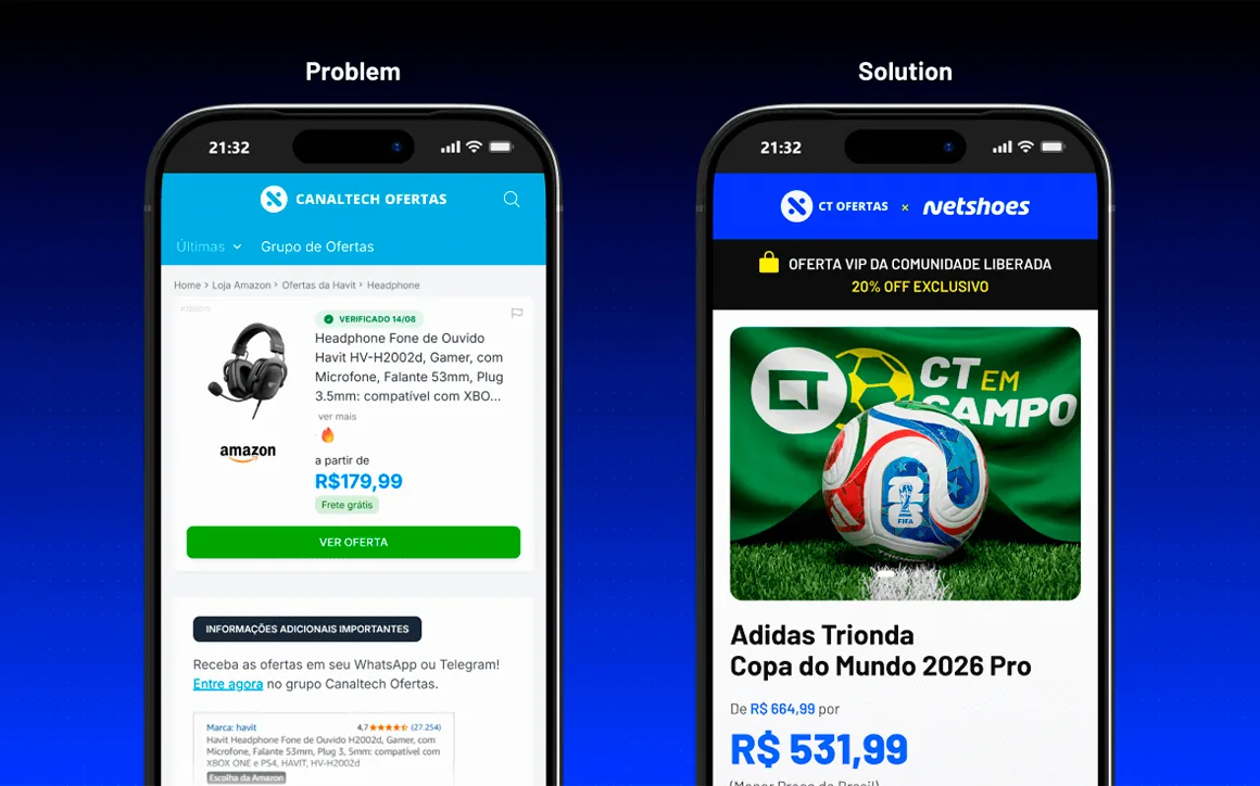 Dois celulares lado a lado exibindo a página CT em Campo