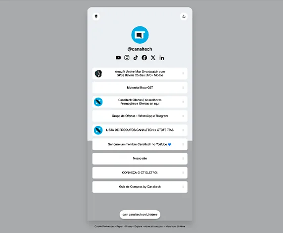 Primeira geração da página de links, no Linktree